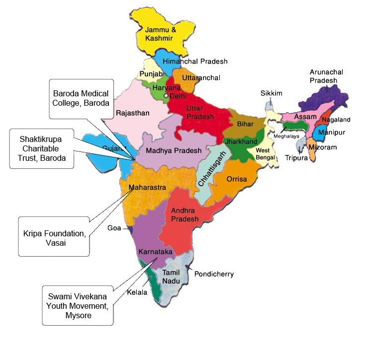 Map of India with the marked location of the centers
