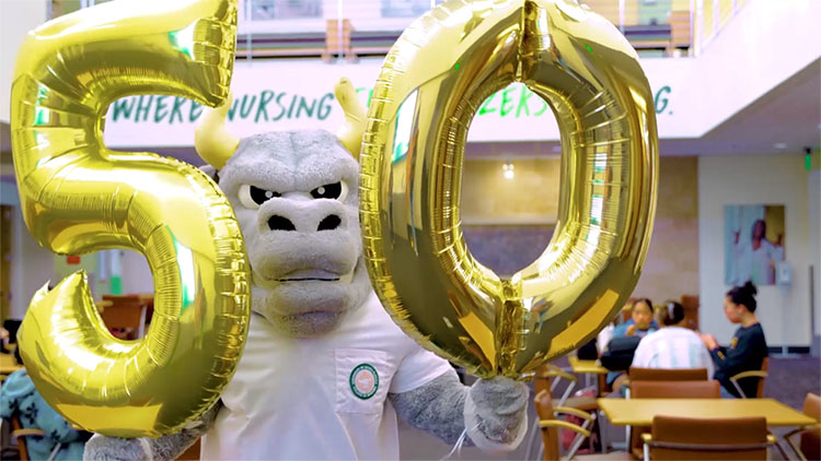 USF mascot Rocky the Bull marks the 50th anniversary of the College of Nursing.