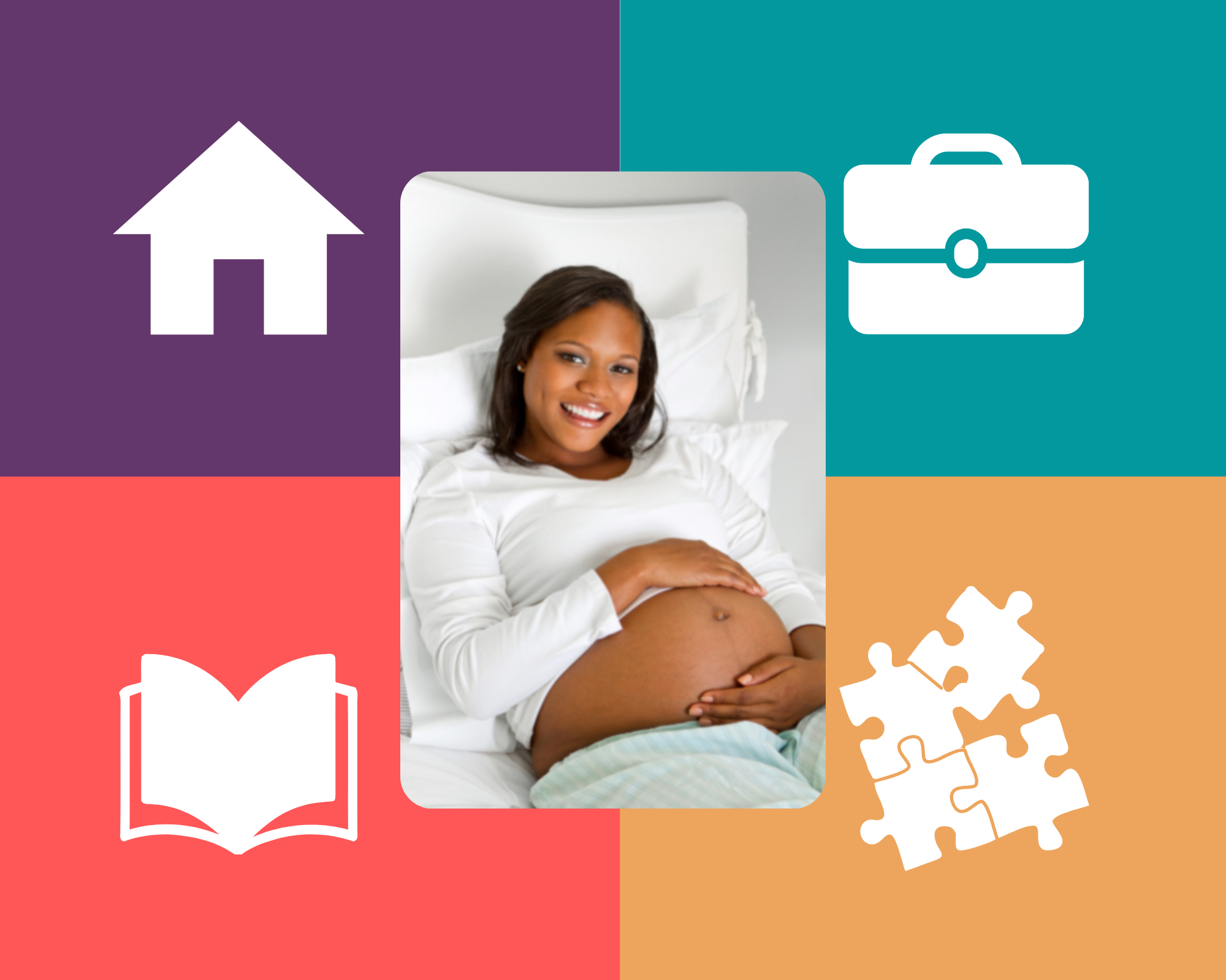Pregnant woman surrounded by a house, briefcase, book, and puzzle. Symbolizes social determinants of health, or the places where we live, work, learn, and play.