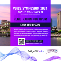 2024 Bridge2AI – Voice Symposium Registration is now open for the 2024 Bridge2AI – Voice Symposium!  Join us on May 1-2 at the JW Marriott on Water Street in Tampa, FL, for two immersive days of voice AI research, dynamic discussions, and networking opportunities.  Bringing together scientists, ethicists, advocates, patients, clinicians, and technology experts, all with a shared passion for the transformative potential of voice biomarkers in health care.