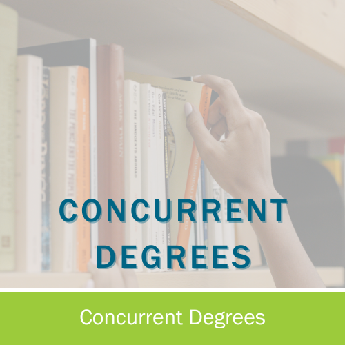 Concurrent degrees: A student in a library browses books, pulling a tan book with an orange spine off the shelf with their hand. 