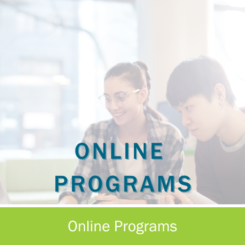 Online programs: Two college students, one female and one male, eagerly collaborate on a project in a University library. 