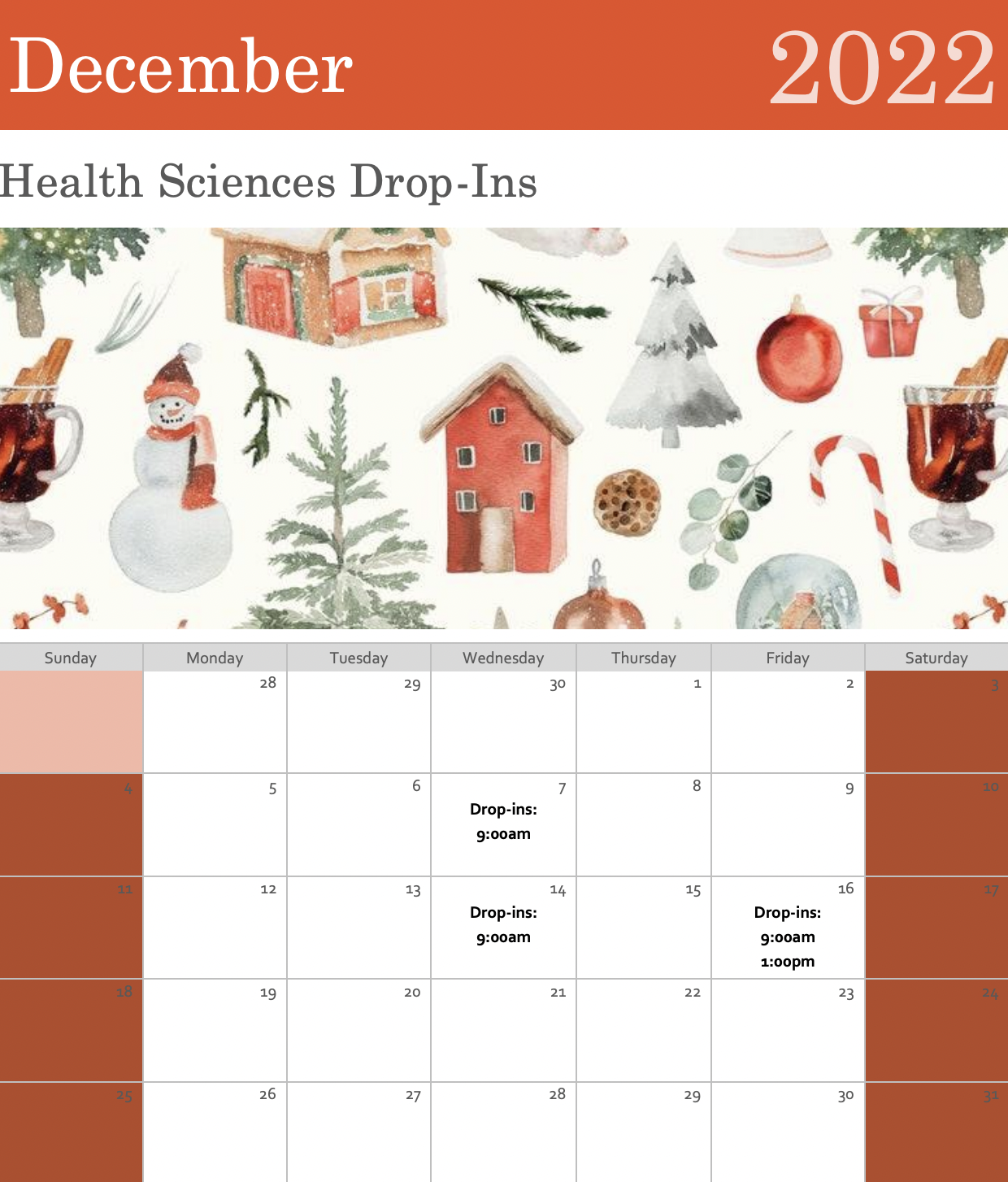 December 2022 Drop In Advising Calendar