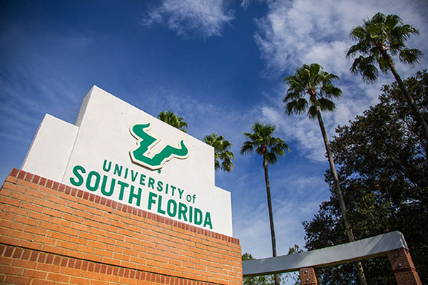 USF campus entrance, palm trees in the background.