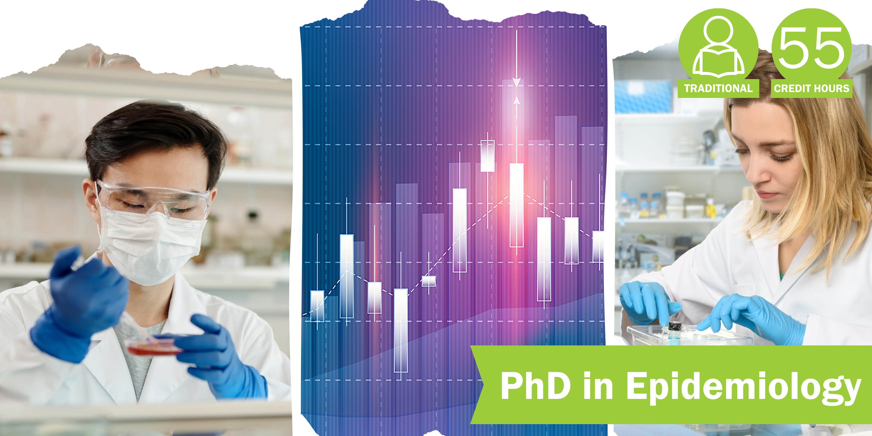 A collage of three decorative images depicting epidemiology with the title “PhD in Epidemiology” and text “Traditional” course format and “55 credit hours".