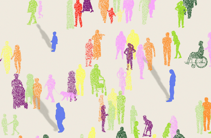 Graphic on a cream-colored background featuring colorful vector illustrations of people standing, walking, using a wheelchair, and holding hands.