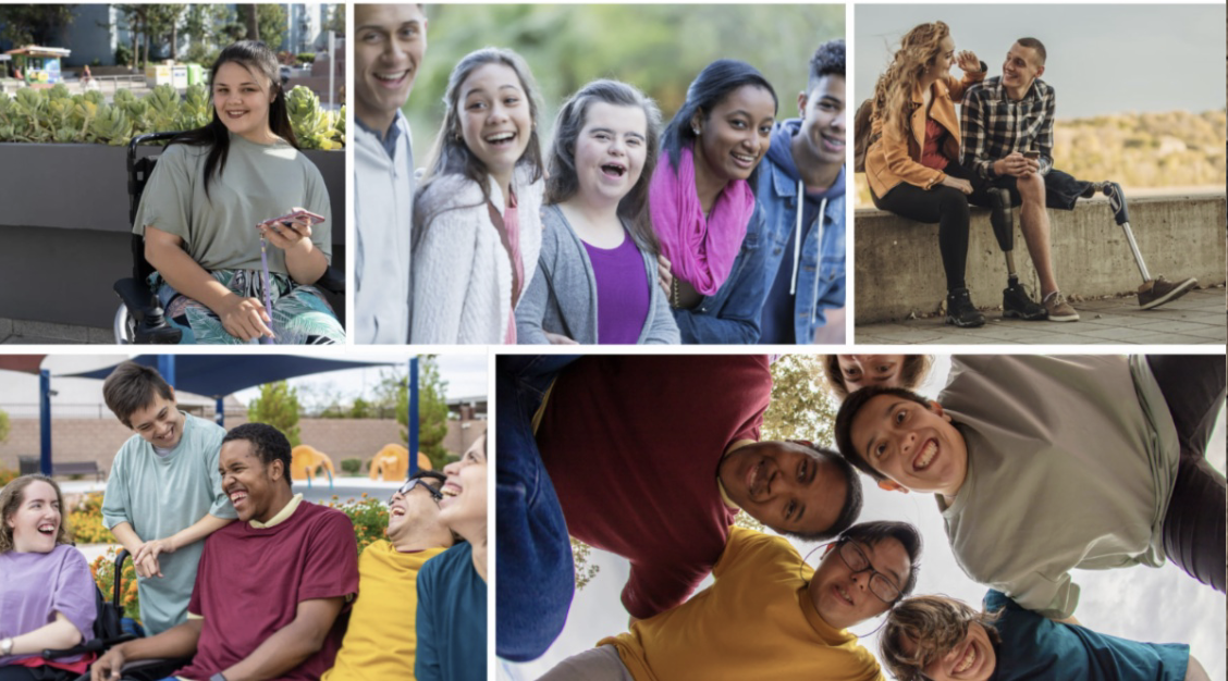 A collage of five images depicting people engaging in community activities together.