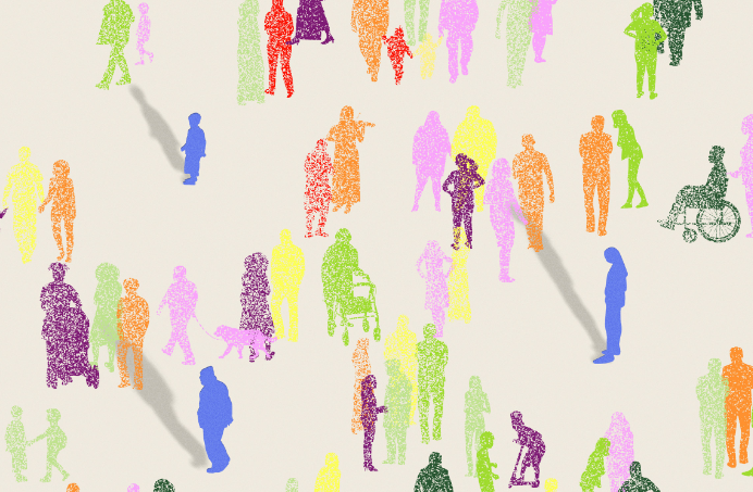 A graphic displaying various vectors of people standing, walking, using a wheelchair, and holding hands.