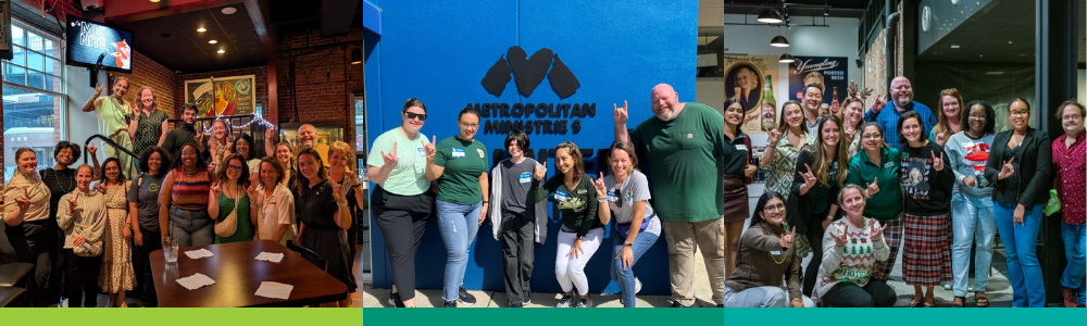 A decorative collage of three images showing COPH Alumni attending events and posing together