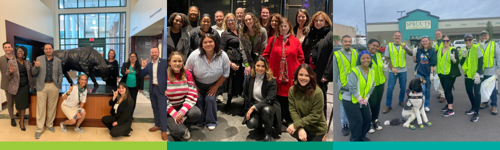 A decorative collage of three images showing COPH Alumni attending events and posing together