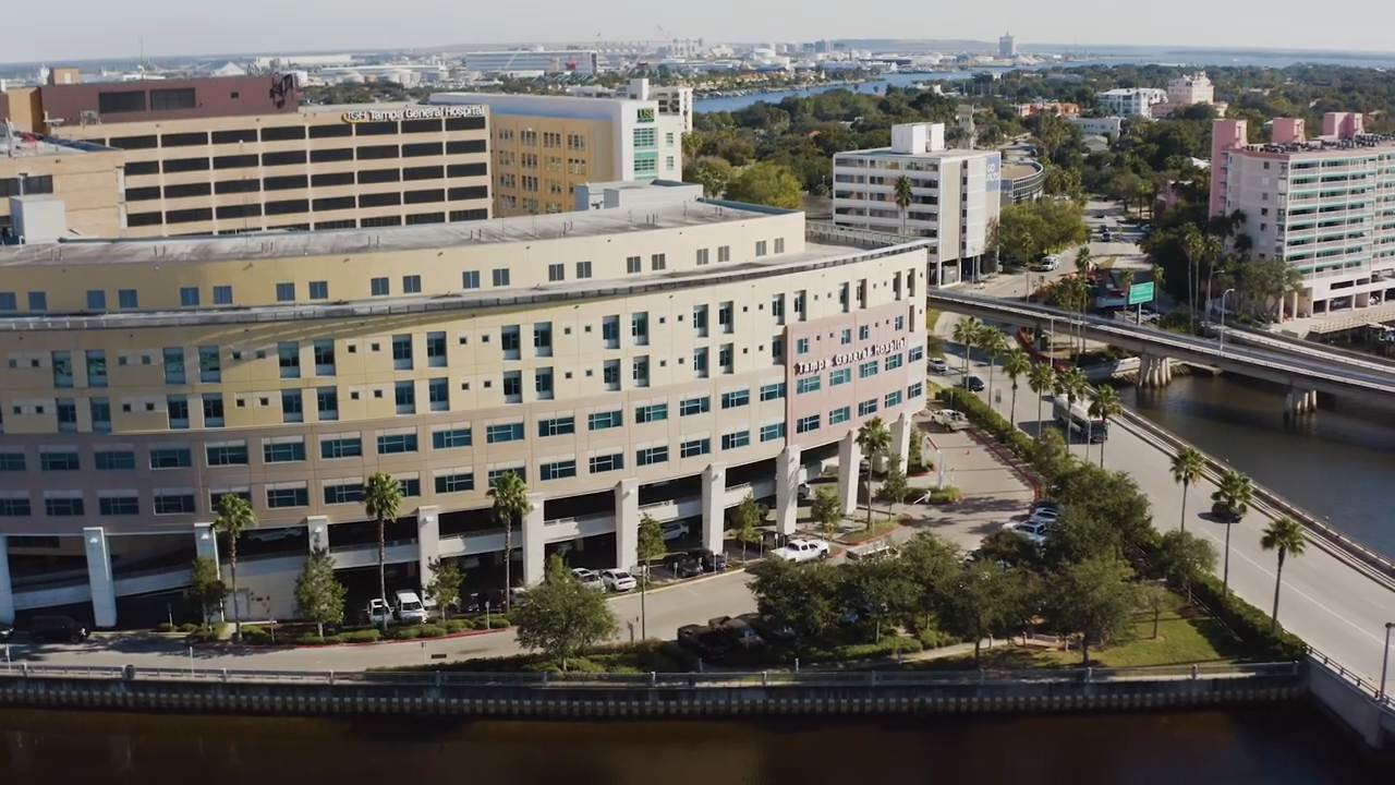 An aerial image of Tampa General Hospital