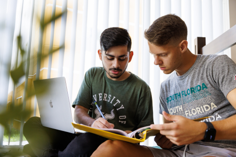 Two students working on a computer together