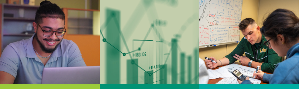 A collage of three images show students engaged with laptop and coursework as well as a statistical graph.