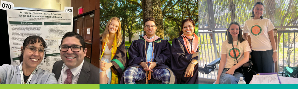 A collage of three images show students and faculty smiling and posing together in various settings.