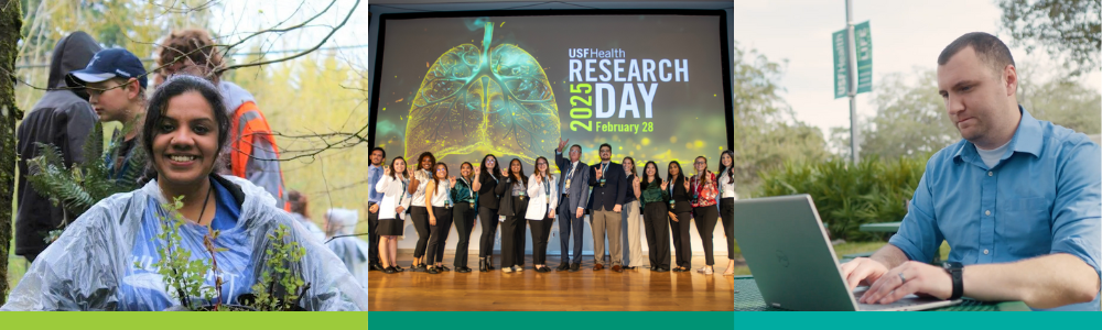 A collage of three images showing students working on their computer and posing together