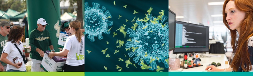 A collage of three images show students and faculty engaged with computers, as well as a visualization of a virus.