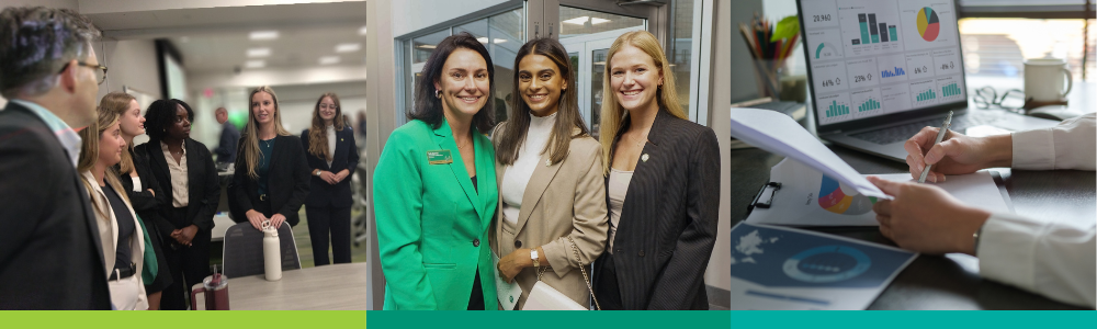 A collage of three images show students and faculty smiling and posing together in various settings.