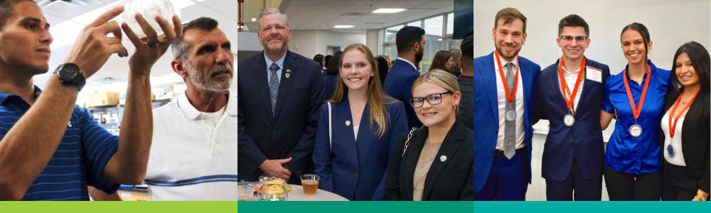 A collage of three images show students and faculty smiling and posing together in various settings.