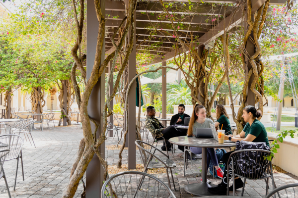 A group of young professionals gathering together at an outdoor seating area and chatting
