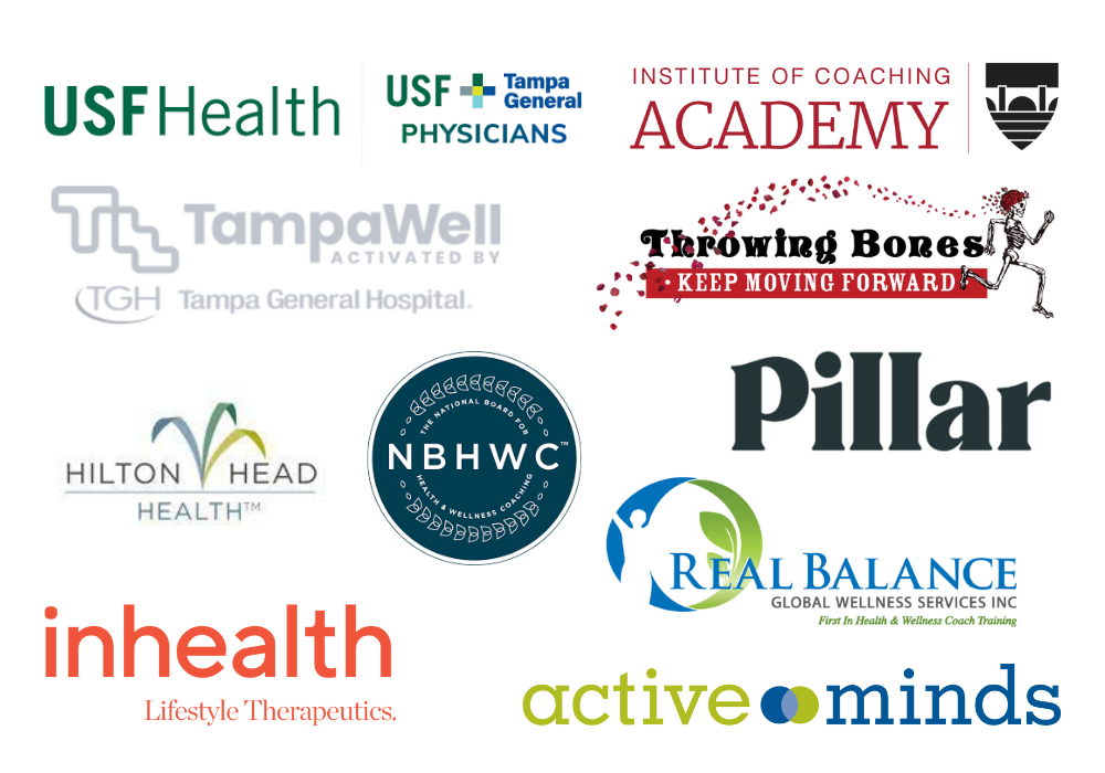 Logos of the following organizations: TGH, Morsani, Hilton Head Health, National Board Health and Wellness Coaching, Institute of Coaching McLean Hospital, With Pillar, Real Balance, Inheatlhonline (Inhealth Lifestyle Therapeutics), Throwing-bones.com, and Active Minds 