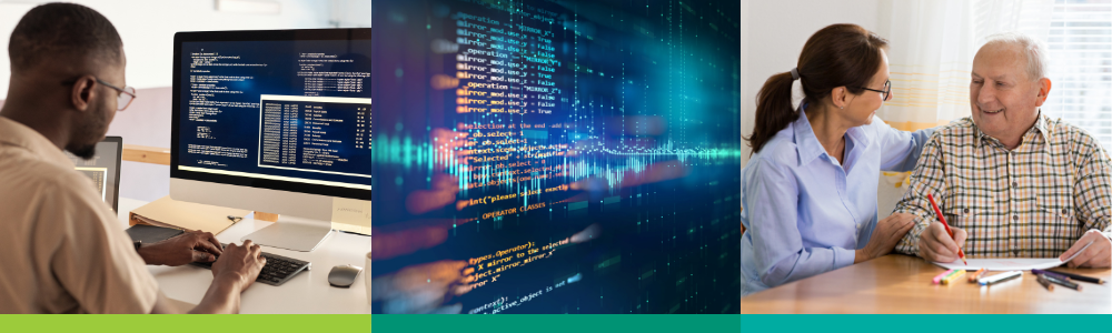 A collage of three images depicting research in software, dementia, and casual inference methods.