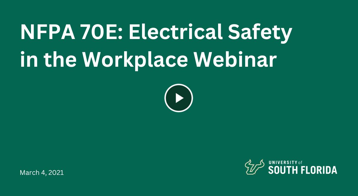 A presentation slide that reads "NFPA 70E: Electrical Safety in the Workplace Webinar"