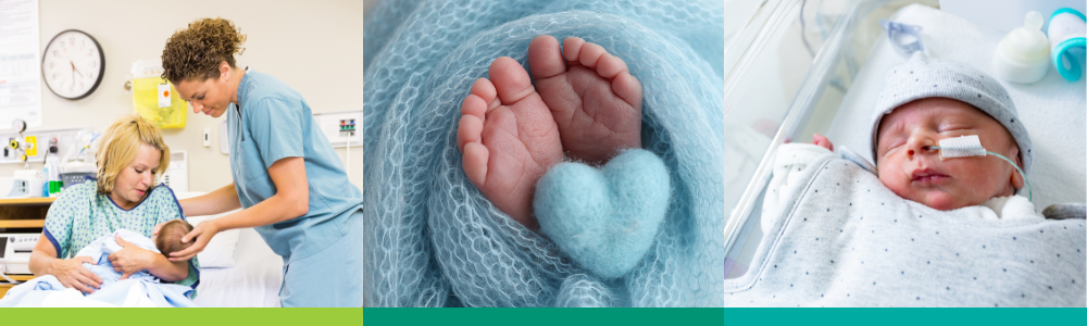 A collage of three images showing newborn babies, mothers, and doctors in a hospital setting