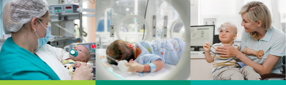 A collage of images showing mothers, doctors, and newborn babies in a hospital setting