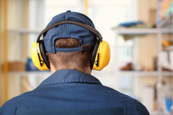 A person wearing ear protection in a warehouse