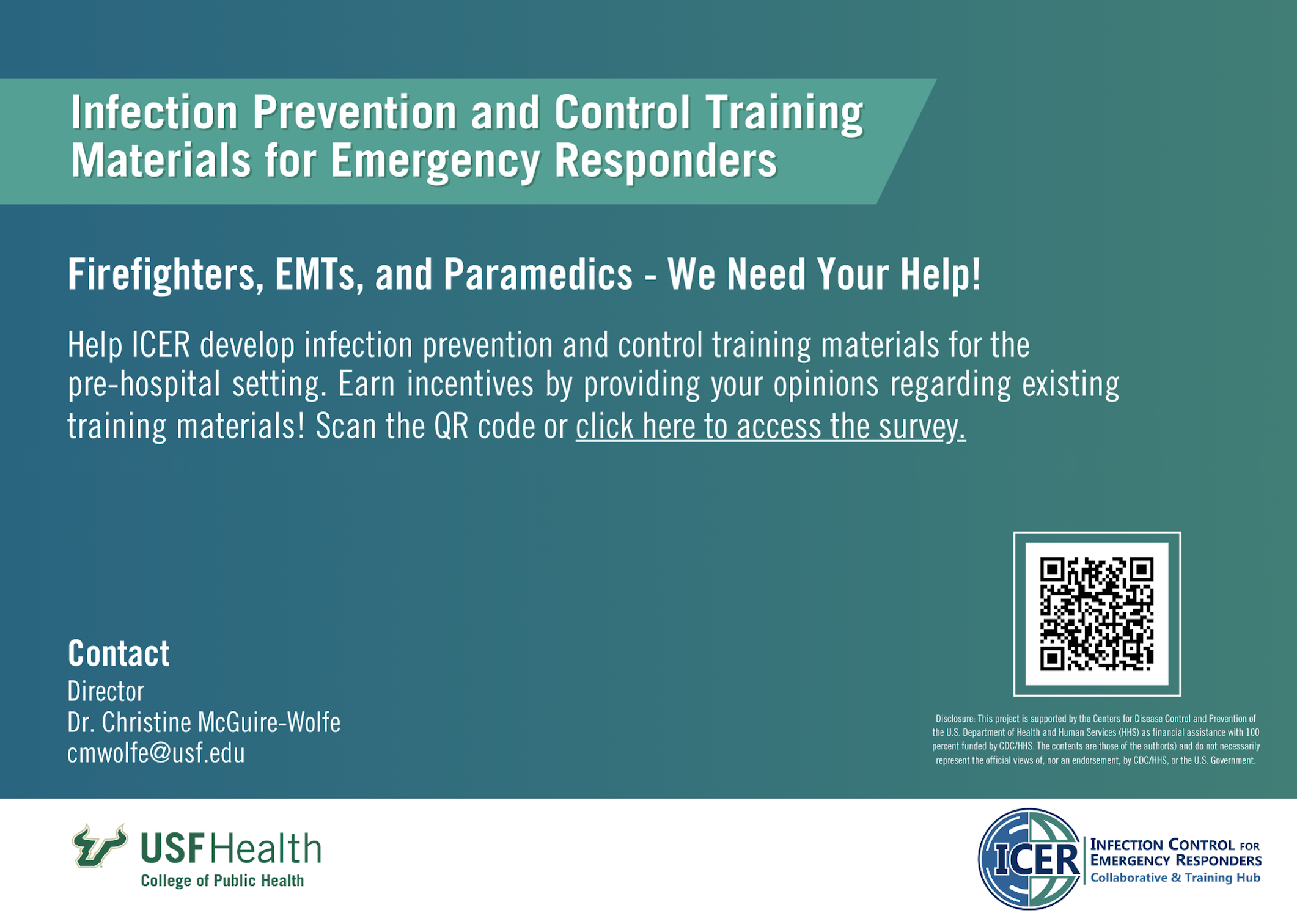 Help ICER develop infection prevention and control training materials for the pre-hospital setting. Earn incentives by providing your opinions regarding existing training materials! Scan the QR code or click on the image to access the survey.