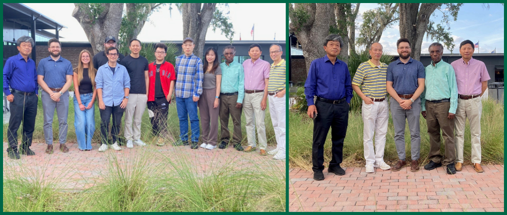 A collage of two images showing students and faculty from the SDDA Core posing together on campus