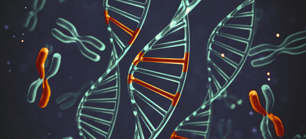 Digital illustration of glowing dna strands and chromosomes on a dark blue background