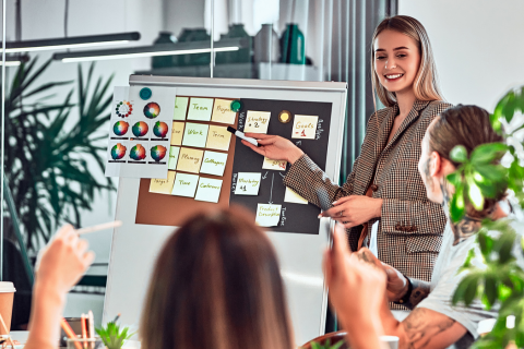 A woman giving a presentation to a group of people