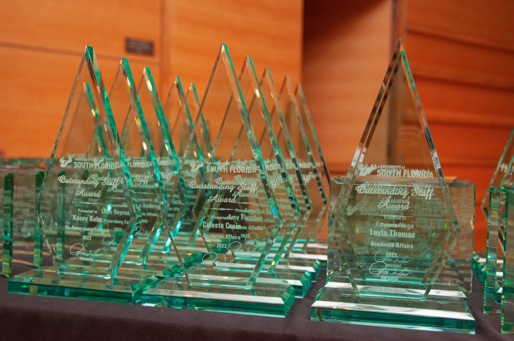 Trophies at the 2022 Outstanding Staff Award ceremony. (Photo by Anna Mayor)