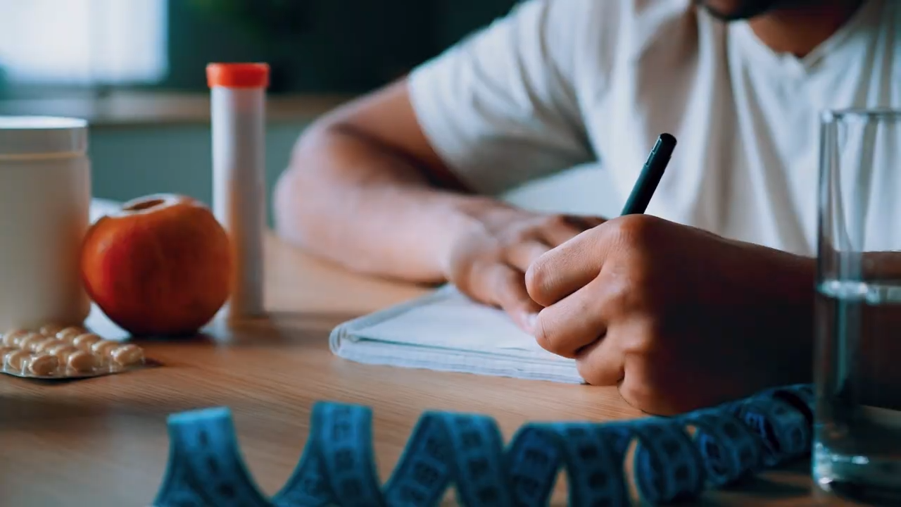 A man writing in a notebook at a desk