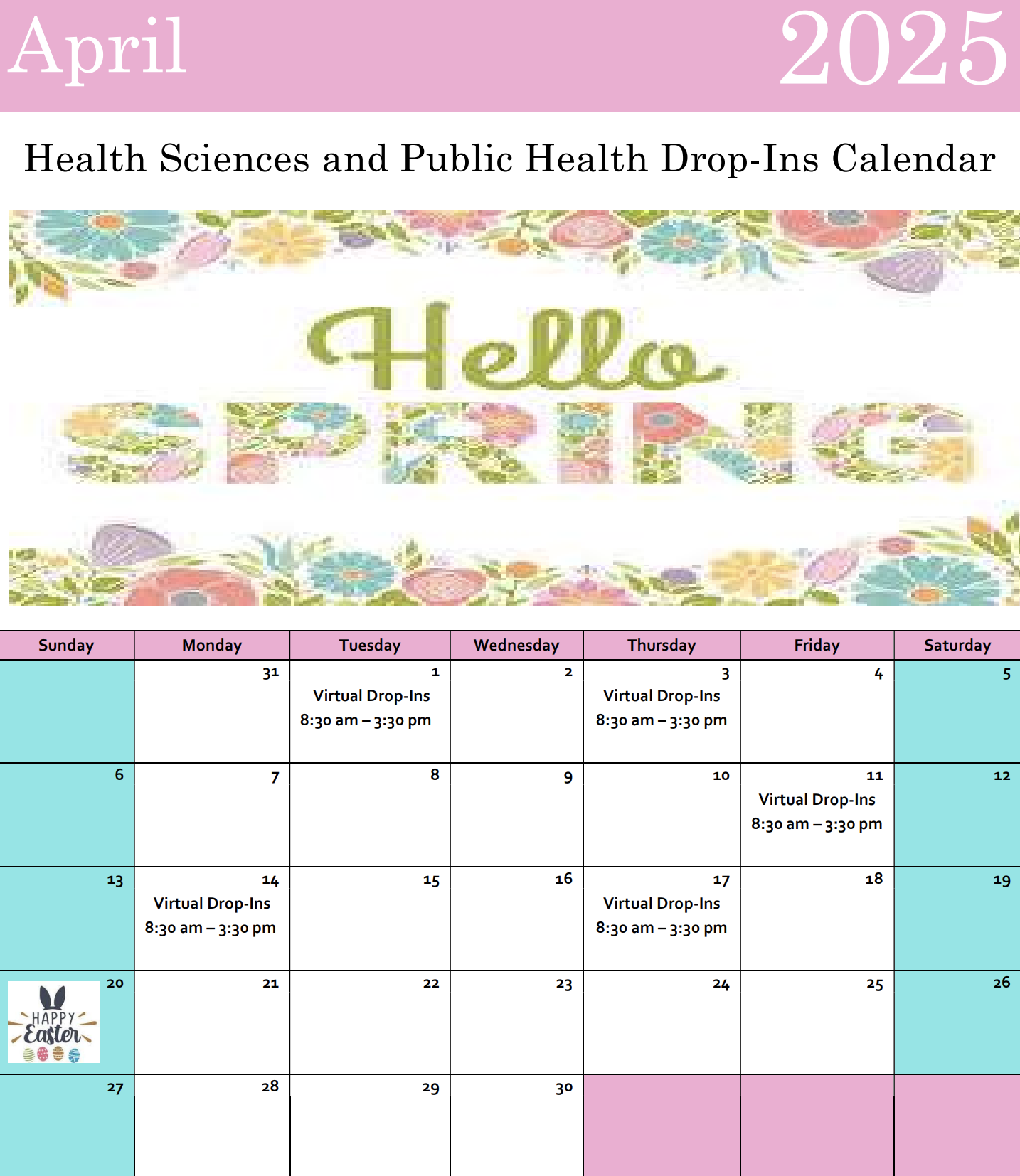 April 2025 Drop-In Calendar with availability on April 1, 3, 11, 14, and 17 from 8:30 a.m. to 3:30 p.m.