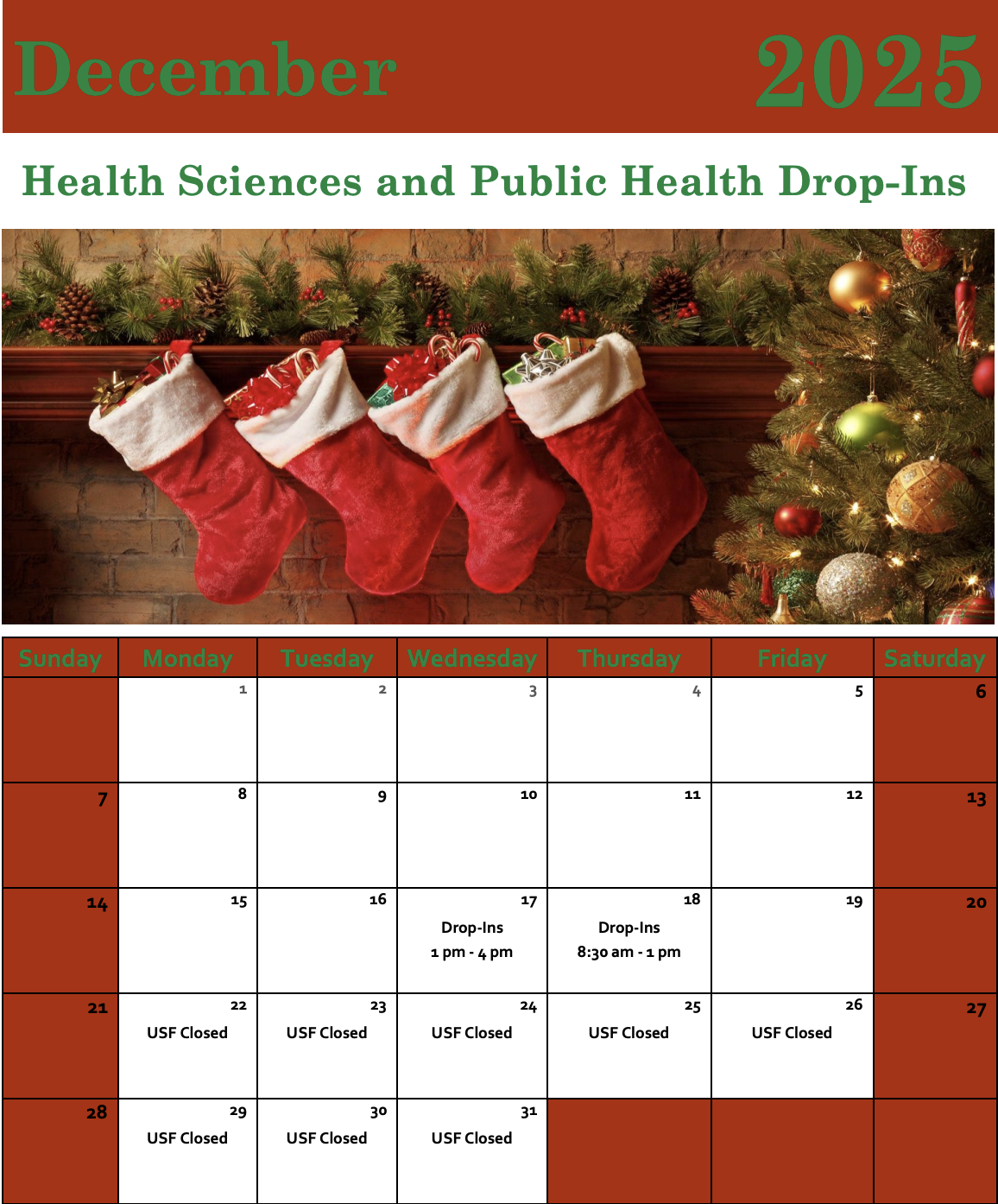 A decorative calendar depiction of the December 2025 drop-ins.