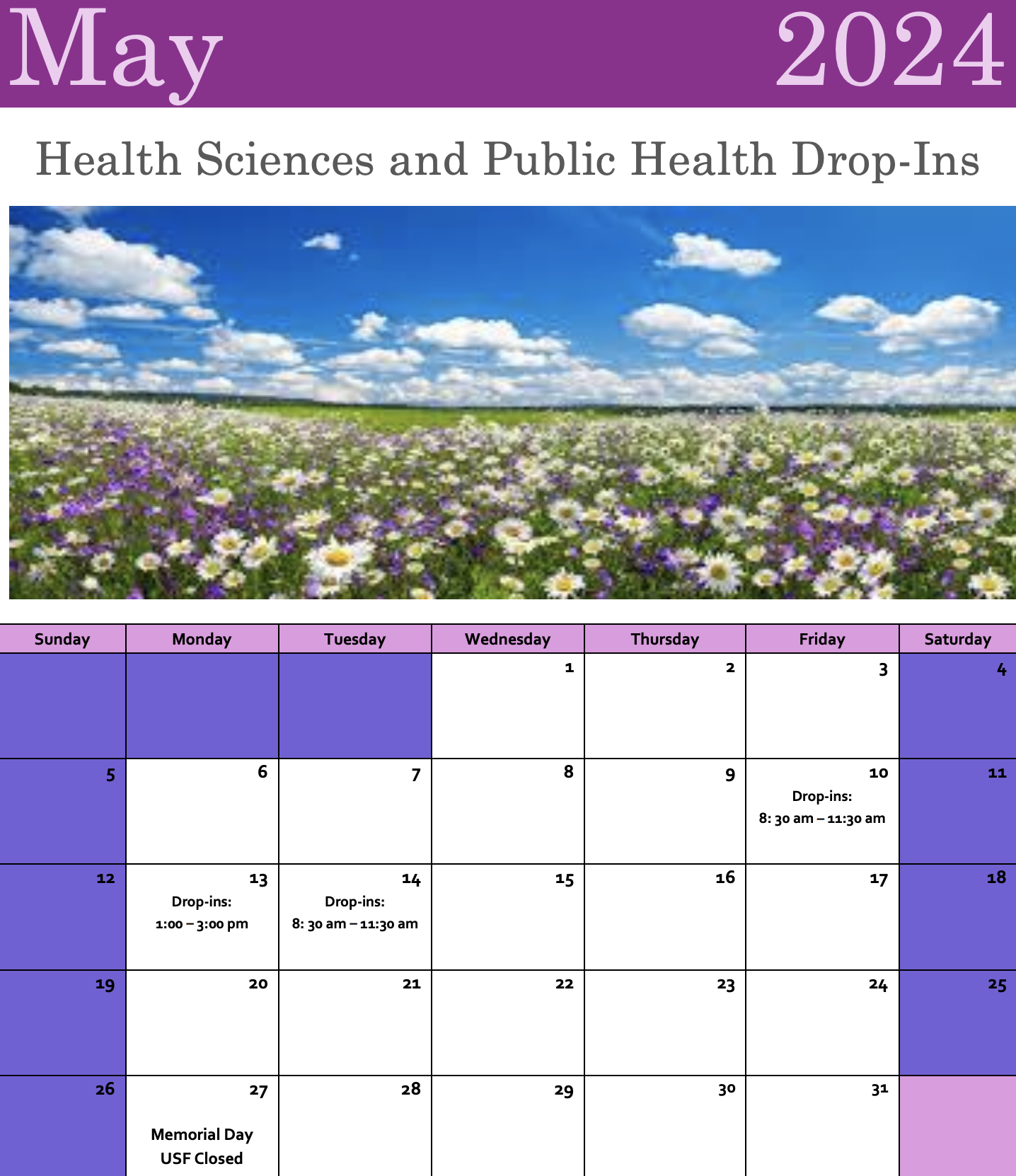 May 2024 drop-in advising calendar. Drop-ins will occur on May 10 and 15 from 8:30am to 11:00am and May 13 from 1:00pm to 3:30pm.