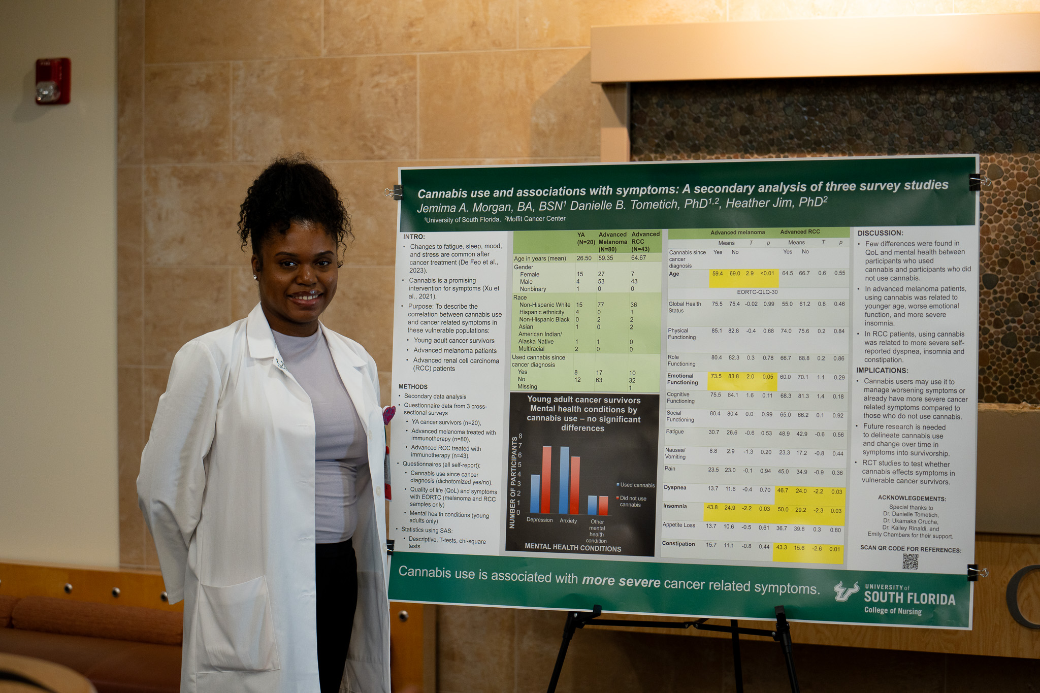 Undergraduate female student standing in font of her research poster