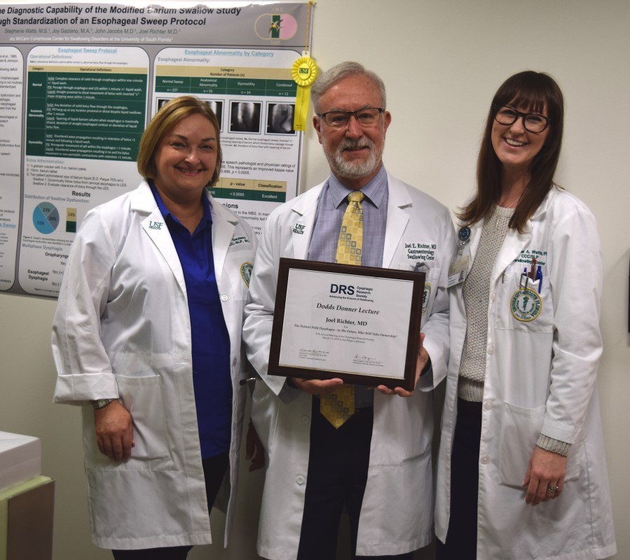 Dr. Richter gives the prestigious 2019 Dodds Donner Lecture at the Dysphagia Research Society meeting. He highlights the research conducted by his Swallow Center team, Dr. Stephanie Watts and Joy Gaziano.