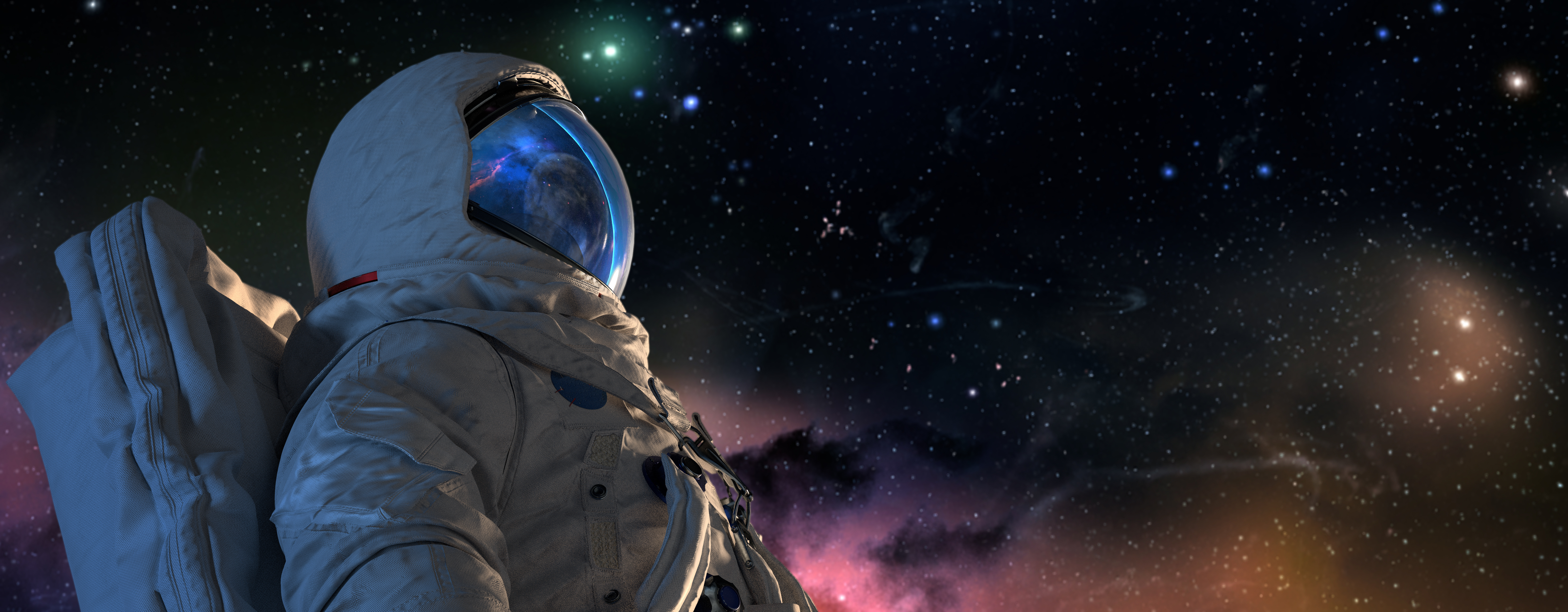 Astronaut in space with galactic background and plant earth reflection in space suit.