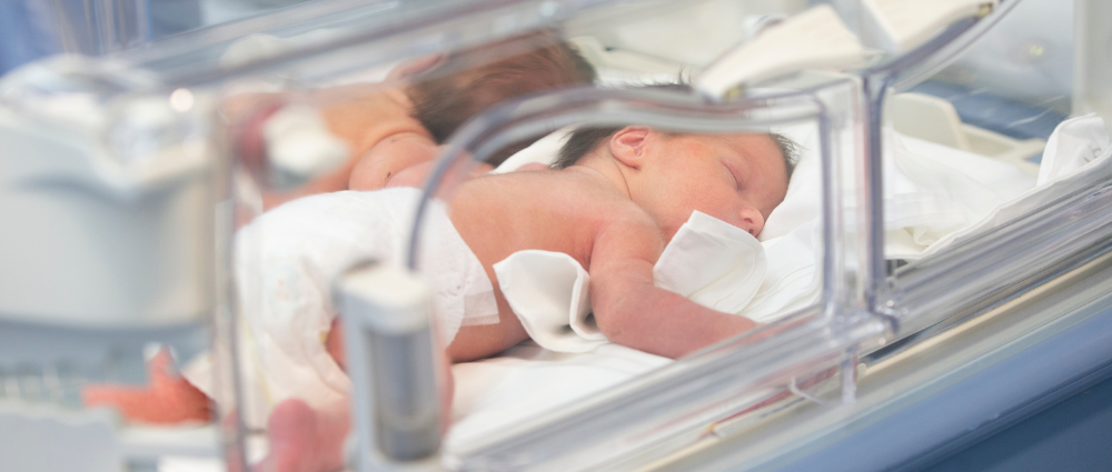 A baby sleeping in an incubator