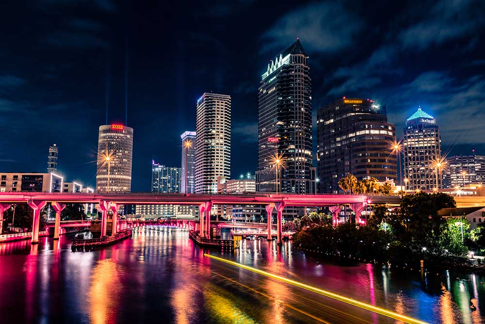 night view of downtown Tampa, Florida from river level