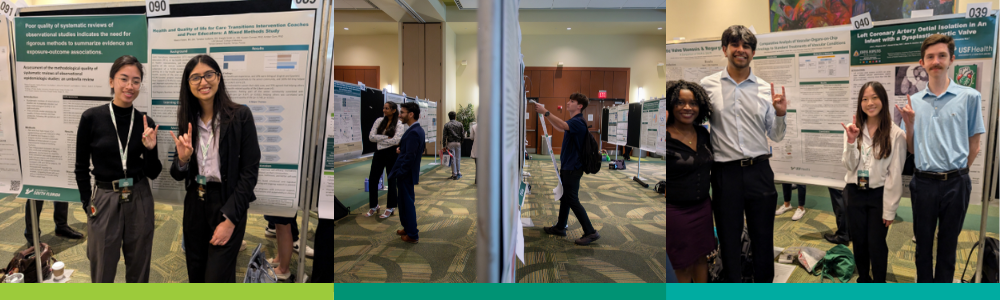 A collage of three images showing students posing with research posters
