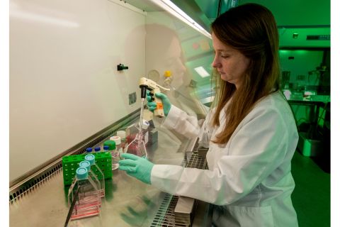 Scientist in a white lab coat and green gloves using a pipette to transfer liquid into small containers on a lab bench, surrounded by various bottles and tubes under green-tinted laboratory lighting.