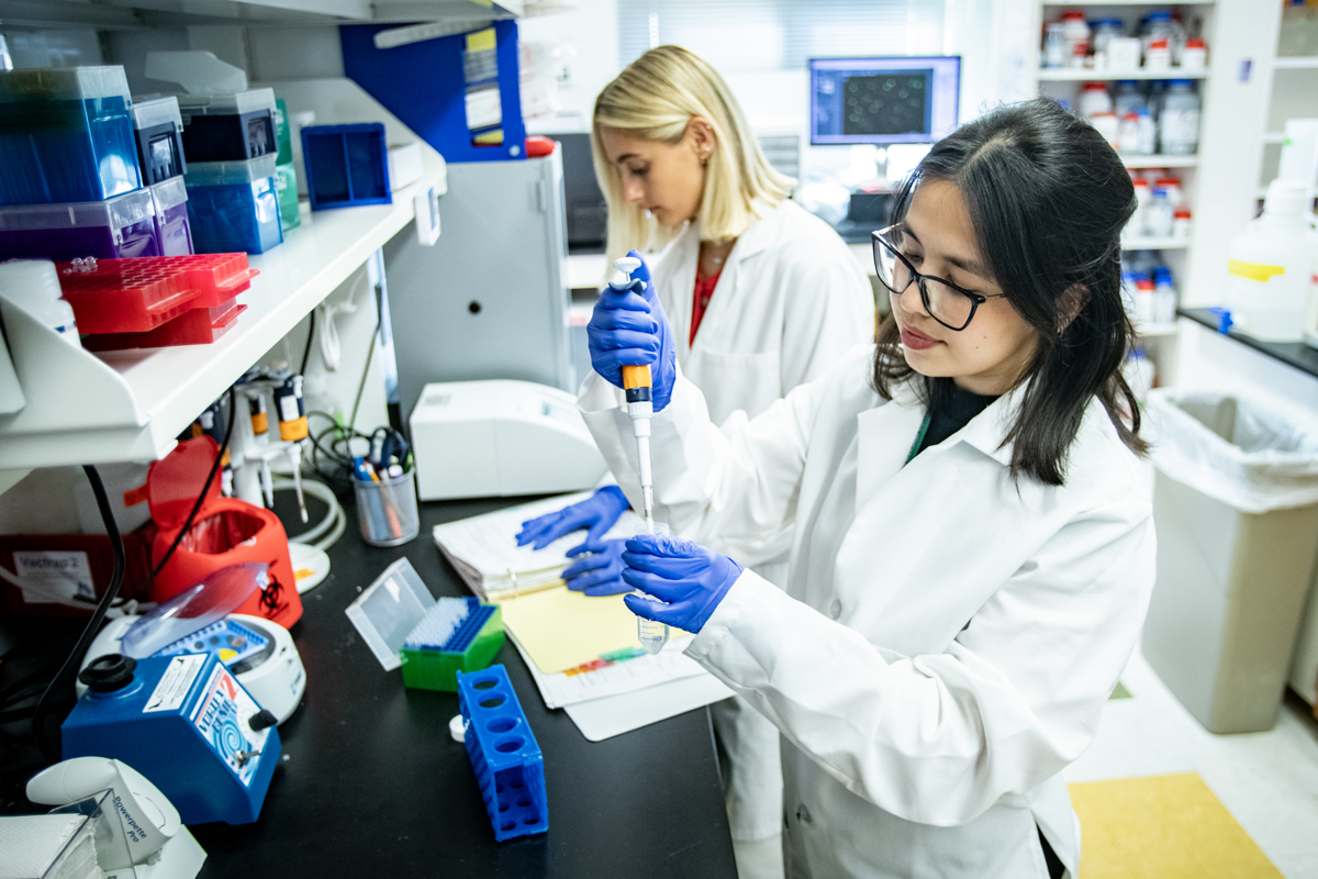 Medical professionals wearing white lab coats working in a laboratory