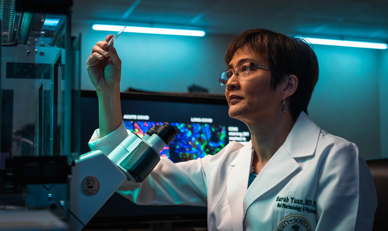 Dr. Yuan looking at research within a medial lab setting