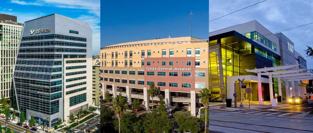 Individual building views of USF MDD, Tampa General Hospital and CAMLS into one photo