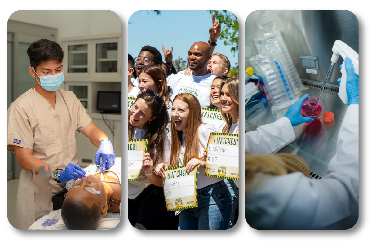 Three split images, from left to right - Medical student practices on a dummy, A group of students gathered cheering, and person wearing a medical white coat puts bright pink liquid in a beaker