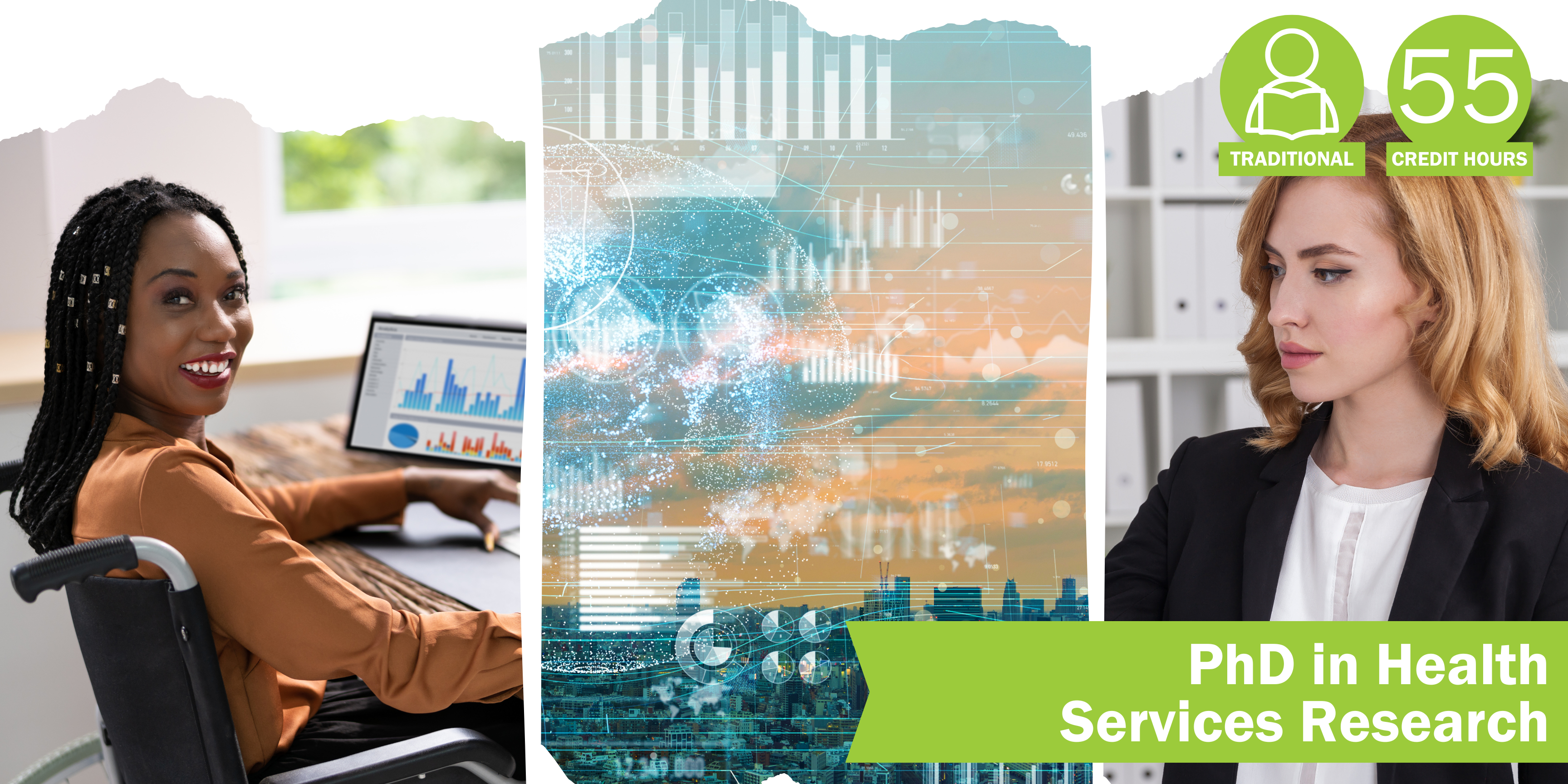 A collage of three decorative images depicting health services research with the title “PhD in Health Services Research” and text “Traditional” course format and “55 credit hours".